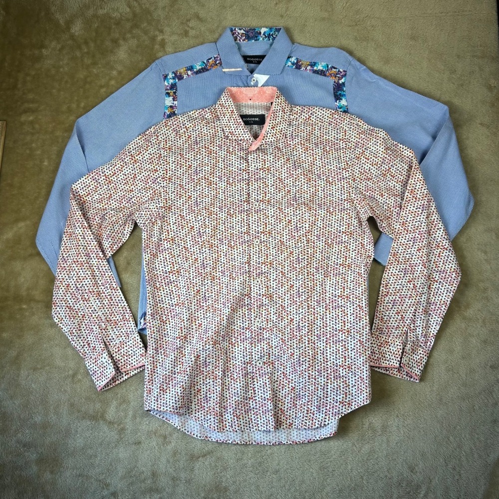 Bogosse Mens D MATIS-85 Blue Floral Trim Cotton Button Down Shirt Size 5 XL